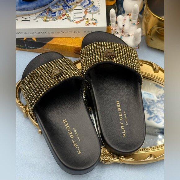 🆕 KURT GEIGER LONDON 🧿 NWOB Meena Eagle Black & Gold Studded Slide, Sz 7.5 - Picture 8 of 11